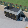 Outdoor Sink Countertop Station With Cabinet Doors And Gold Accent Railing By Grass Lawn