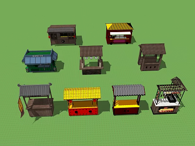 Various Functional Carts With Diverse Designs And Colorful Roofs For Vending 3d model