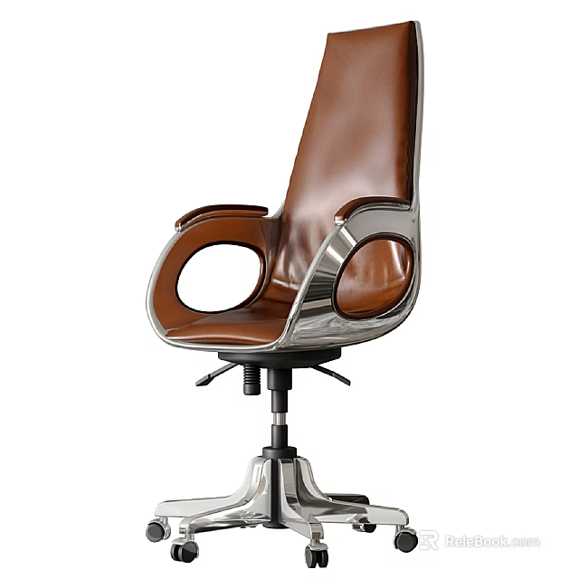 Modern Brown Leather Office Chair With Silver Metal Frame And Ergonomic Design 3d model 