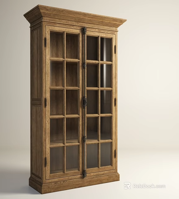 Vintage Wooden Bookcase With Glass Doors And Wooden Frame Storage Shelves 3d model 