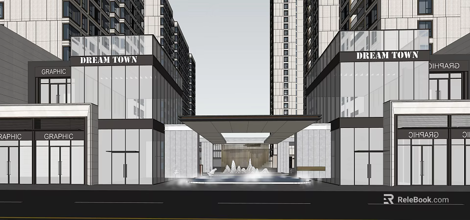 Dream Town Main Entrance Gate with Modern Tall Buildings Glass Curtain Walls and Fountain 3d model 