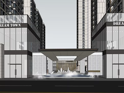 Dream Town Main Entrance Gate with Modern Tall Buildings Glass Curtain Walls and Fountain 3d model