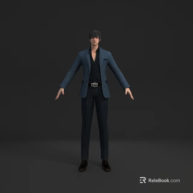 Man in Blue Suit Jacket and Dark Pants Standing with Arms Outstretched on Dark Background 3d model 