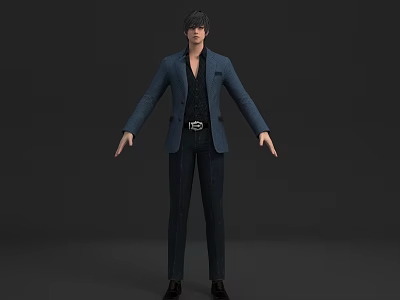 Man in Blue Suit Jacket and Dark Pants Standing with Arms Outstretched on Dark Background 3d model