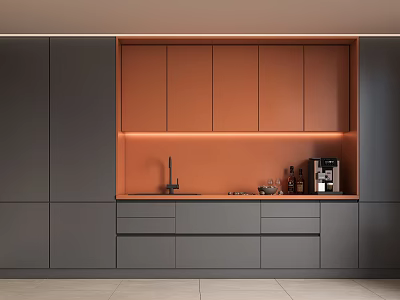 Modern Kitchen Interior With Gray And Orange Cabinets Countertop Sink And Coffee Machine 3d model