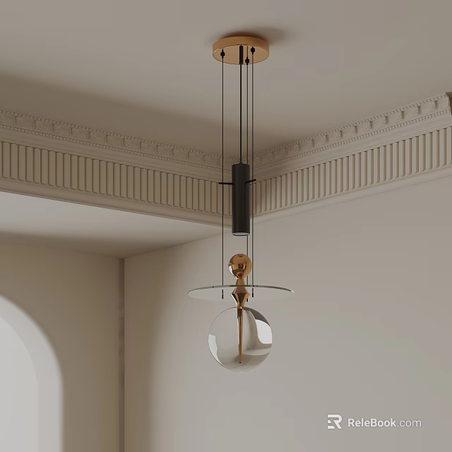 Modern Chandelier With Glass Globe Brass Accents And Black Fixture Hanging From Decorative Cornice Ceiling 3d model 
