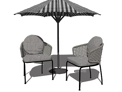Gray Woven Outdoor Chairs With Black And White Checkered Umbrella For Patio 3d model