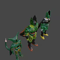 Three Green Character Action Figures With Spotted Patterns And Varied Poses
