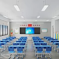 Bright School Classroom With Blue Desks Chairs Smart Blackboard Yellow Lockers And Windows
