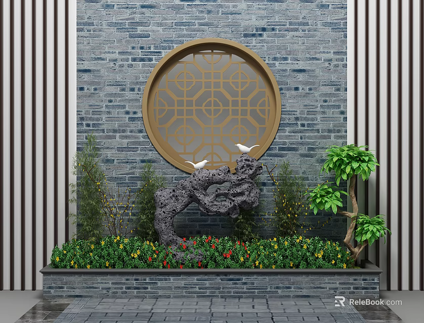 Garden Ornament with Circular Lattice Window Gray Brick Wall Rockery Stone White Doves and Green Plants 3d model 
