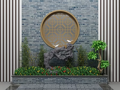 Garden Ornament with Circular Lattice Window Gray Brick Wall Rockery Stone White Doves and Green Plants 3d model