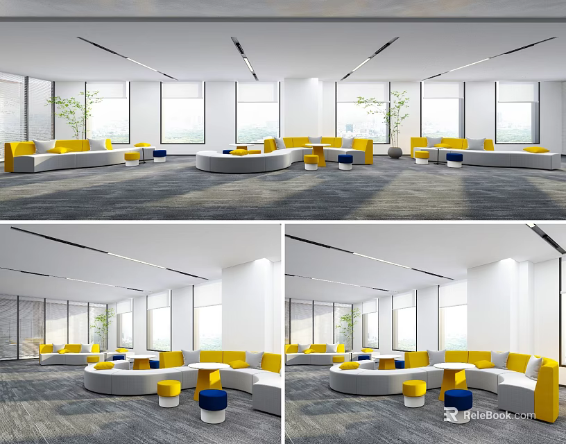 Lounge Area with Yellow White Sofas Circular Seating and Large Windows Bright Interior 3d model 