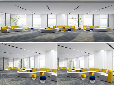 Lounge Area with Yellow White Sofas Circular Seating and Large Windows Bright Interior 3d model