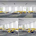 Lounge Area with Yellow White Sofas Circular Seating and Large Windows Bright Interior