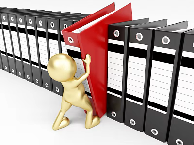 Neatly Arranged Black Office Folders with Red Folder and Golden Figure Pushing 3d model