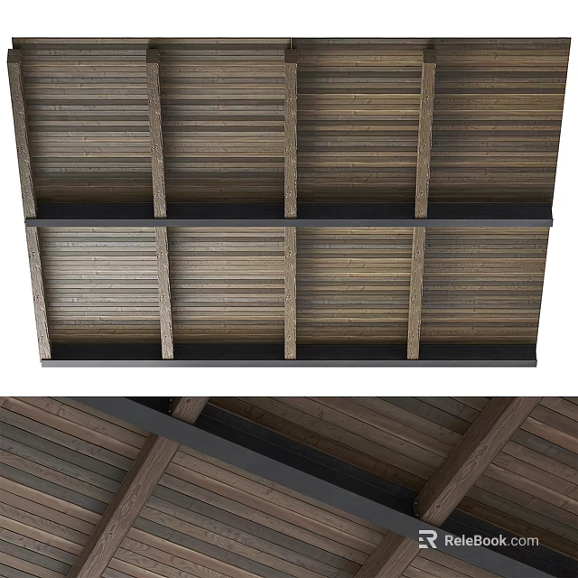 Wooden Ceiling Design With Planks And Structural Beams In Home 3d model