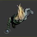 Fantasy Game Character With Golden Hair Holding Blue Glowing Staff And Green Gray Outfit