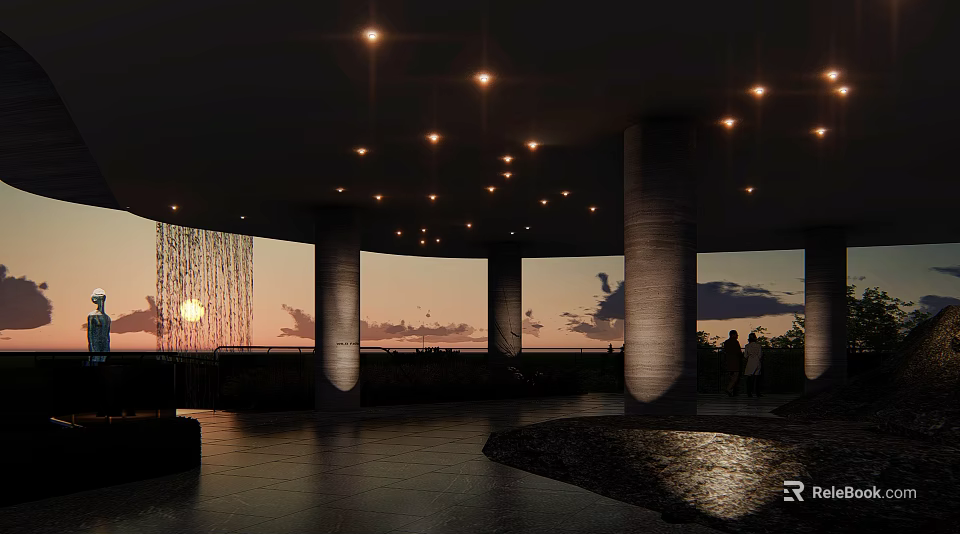 Modern Interior With Circular Ceiling Recessed Lighting Waterfall Feature And Sunset Backdrop 3d model 