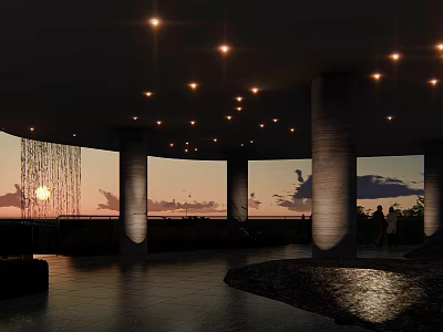 Modern Interior With Circular Ceiling Recessed Lighting Waterfall Feature And Sunset Backdrop 3d model