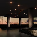 Modern Interior With Circular Ceiling Recessed Lighting Waterfall Feature And Sunset Backdrop