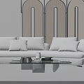 Modern White Three Seater Sofa Living Room With Cushions Coffee Table And Decorative Screen