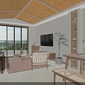 Modern Living and Dining Room With Wooden Ceiling Pendant Light Sea View Windows And Plants