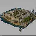 Ancient Coastal Fortress Architecture Model With Surrounding Waters Green Vegetation And Harbor
