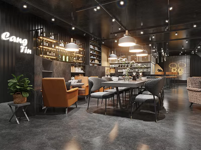 Modern Café Interior Design With Cozy Seating Pendant Lights And Wooden Tables 3d model