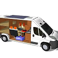 Camper Van With Solar Panels On Roof And Interior Kitchen Seating Living Space