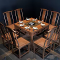Chinese Style Wooden Square Dining Table Set With Six Chairs And Tableware 3d model