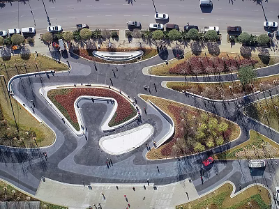 Urban Plaza Landscape With Winding Pathways Green Lawns Trees And Pedestrians 3d model