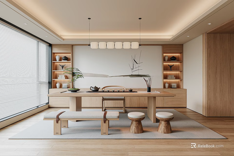 Modern Wooden Tea Room Interior With Long Table Stools Shelves Plants And Hanging Lights 3d model 