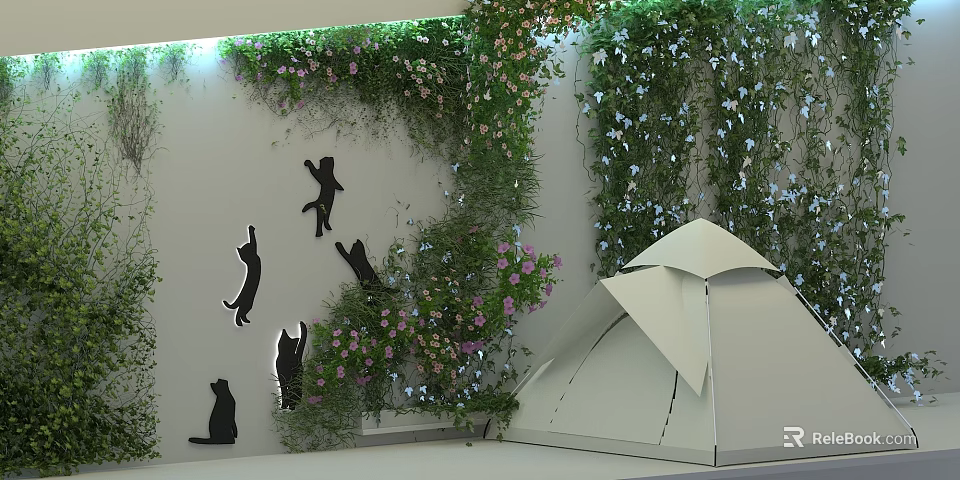 Decorative Indoor Living Plant Wall With Black Cat Silhouettes Pink Flowers And White Tent Structure 3d model 
