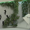 Decorative Indoor Living Plant Wall With Black Cat Silhouettes Pink Flowers And White Tent Structure