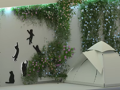 Decorative Indoor Living Plant Wall With Black Cat Silhouettes Pink Flowers And White Tent Structure 3d model