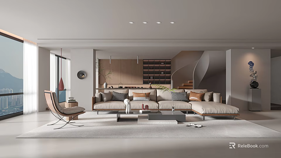 Modern Living Room Interior With Sectional Sofa Coffee Table Armchair And Floor To Ceiling Windows 3d model 