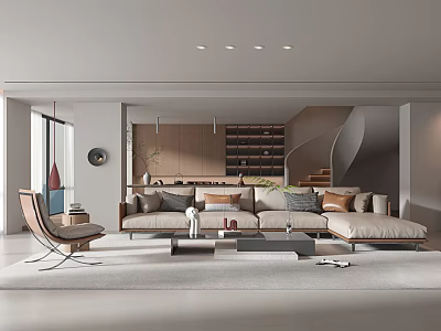 Modern Living Room Interior With Sectional Sofa Coffee Table Armchair And Floor To Ceiling Windows 3d model