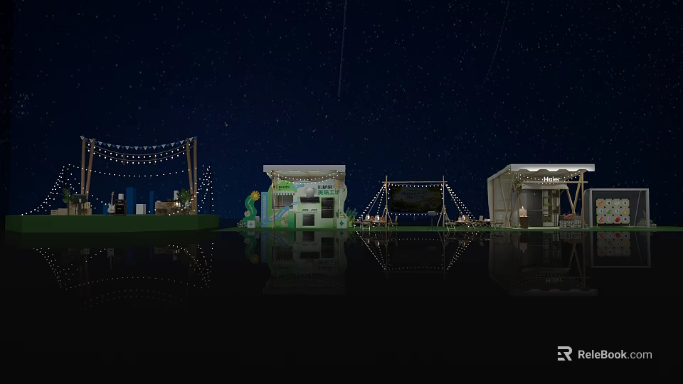 Outdoor Stage At Night With String Lights Starry Sky And Water Reflection 3d model