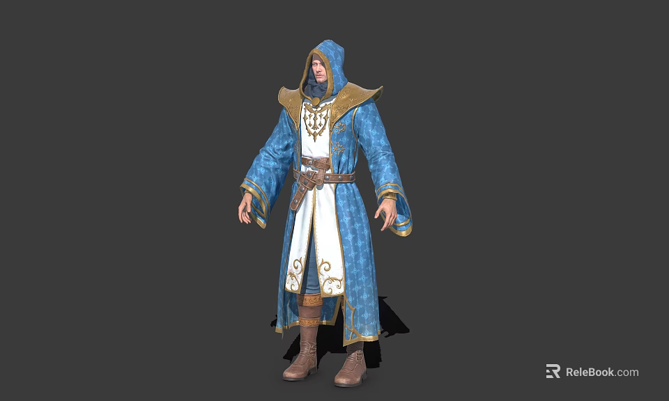 Game Film Character In Hooded Blue Robe With Gold Trim White Undergarment And Brown Boots 3d model 