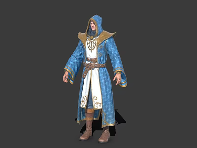 Game Film Character In Hooded Blue Robe With Gold Trim White Undergarment And Brown Boots 3d model