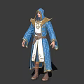Game Film Character In Hooded Blue Robe With Gold Trim White Undergarment And Brown Boots