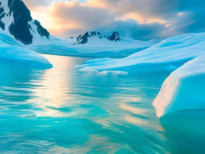 Breathtaking Glacial Landscape With Turquoise Water Snowy Mountains And Colorful Sunset Sky 3d model