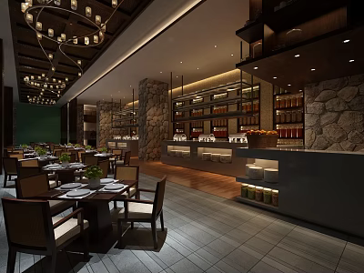 Elegant Open Restaurant Interior With Stone Walls Wine Racks Chandeliers And Dining Tables 3d model