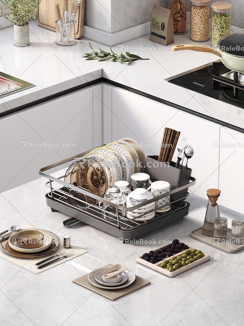 Modern Kitchen Dishes and Dish Rack Tableware Dishes and Dish Cups Seasoning Chopsticks Spoon Pot Stove Wash Vegetable Pot Cutters 3d model