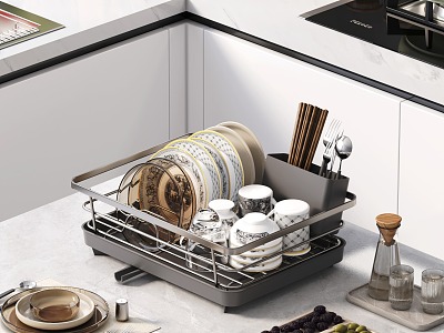 Modern Kitchen Dishes and Dish Rack Tableware Dishes and Dish Cups Seasoning Chopsticks Spoon Pot Stove Wash Vegetable Pot Cutters 3d model