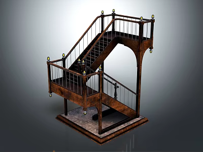 Vintage Wooden Staircase Design With Handrail Railing Metal Accents And Steps Structure 3d model