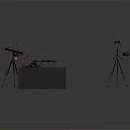 Various Weapons Displayed On Stands With Tripod Mounted Machine Guns And Accessories