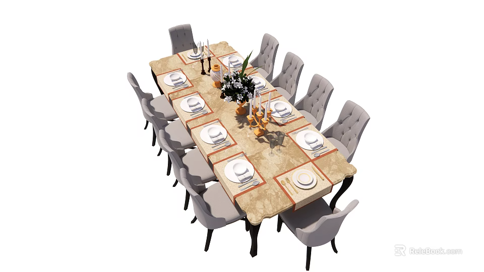 Elegant Dining Table Set With Gray Chairs And Floral Centerpiece 3d model