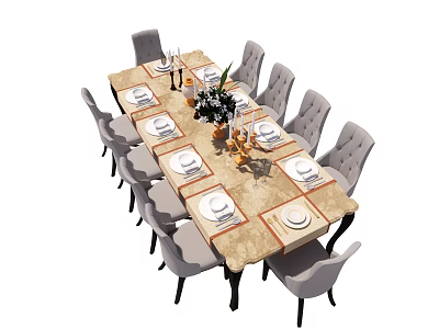 Elegant Dining Table Set With Gray Chairs And Floral Centerpiece 3d model