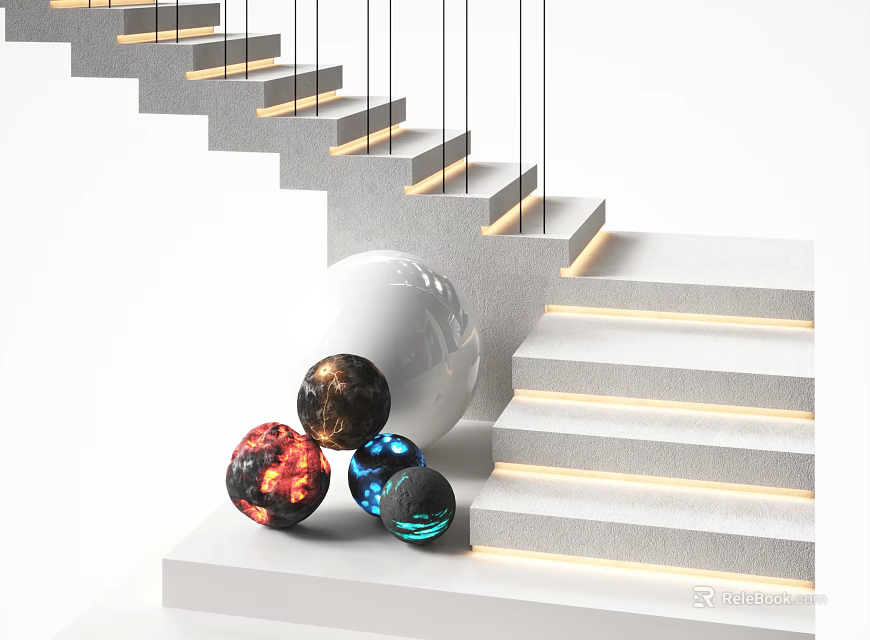 Modern Stairs Design With LED Strip Lighting Concrete Steps And Decorative Spheres 3d model 